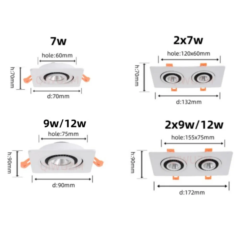 Quadrate Embutido LED Downlight, Lâmpada do Teto Regulável, Iluminação Interior, Rotação de 360 °, 7W, 9W, 12W, 14W, 18W, 24W, COB Spotlight, CA 85-265V