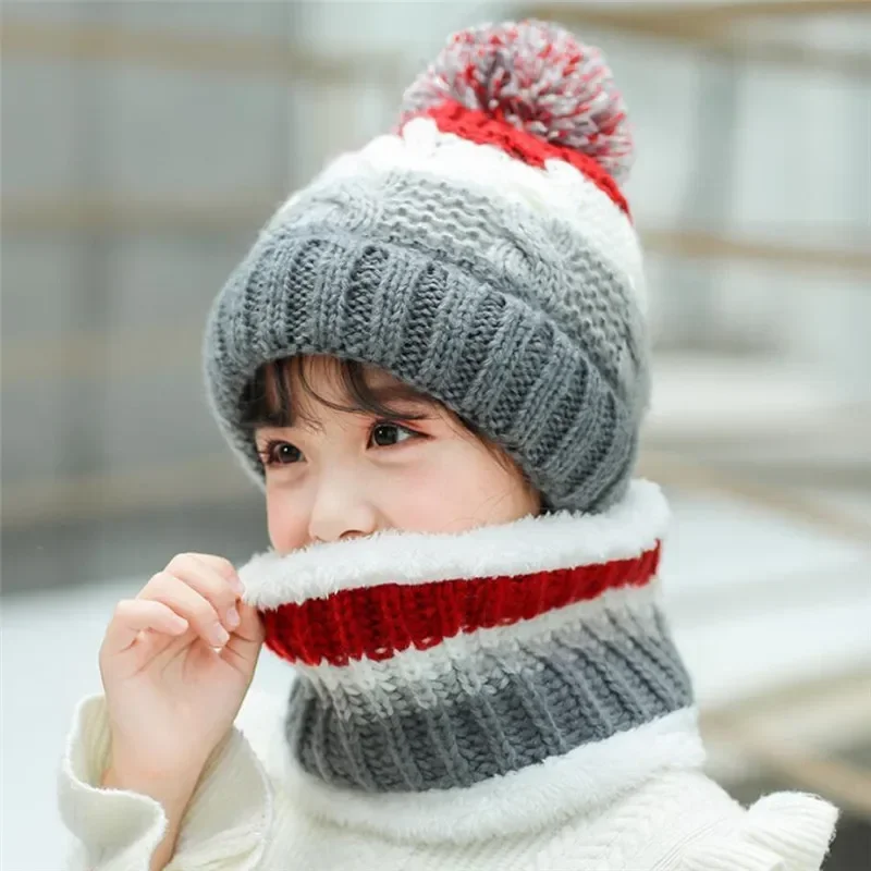 Children's Knit Beanies Hat Scarf Set Kids Girls Pom Pom Cap and Circular Scarves Stripe Patchwork Weave Soft Warm Wear 5-12T