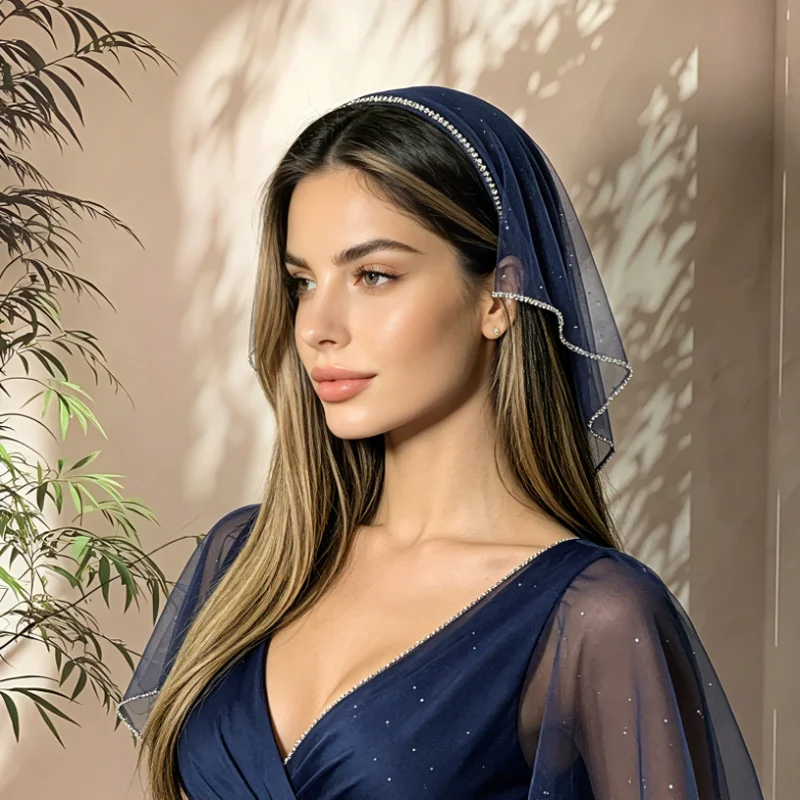 French Style Rhinestone Mesh Half Cap Hairband Headwear for Women Light Blue Veil Hat Headband Hair Bands Bride Hair Accessory
