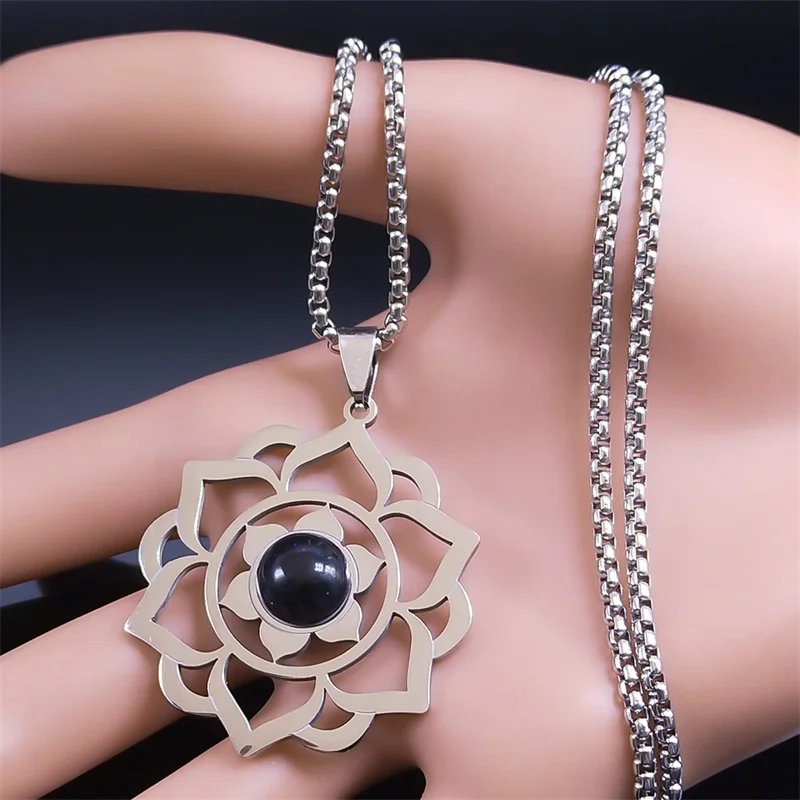 Yoga Lotus Reiki Healing Chakra Necklace for Women Men Stainless Steel Buddhist Flower of Life Spiritual Amulet Jewelry N2703