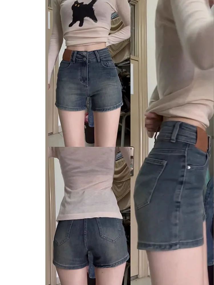 Hochgeschnittene, schlankmachende A-Linien-Jeans-Shorts für Damen, Wintermode, amerikanischer Stil, Hot Pants, figurbetont, hohe Taille