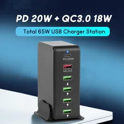 Estación de carga rápida para teléfono, Cargador USB tipo C de 65W, 6 puertos, para iPhone 15, 14, Samsung, Huawei, QC3.0, PD20W