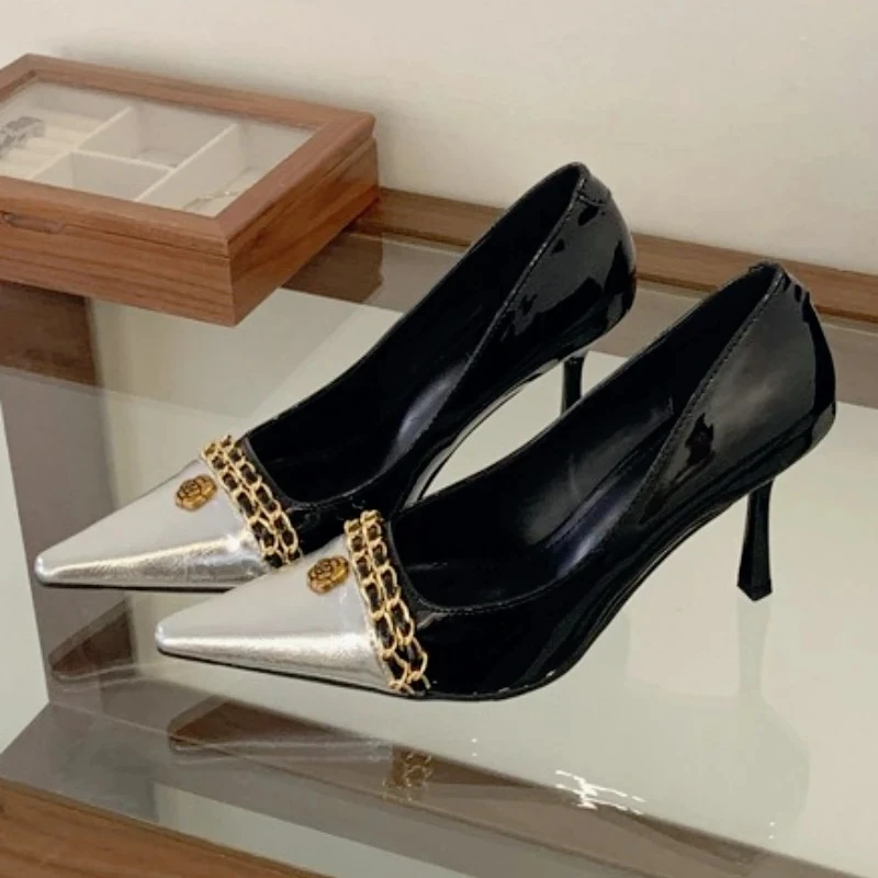 

Luxury Metal Decoration Design Pumps Women Sexy Splicing Pointed Toe Stiletto Sandals Elegant Banquet Dress Shoes Zapatos Mujer