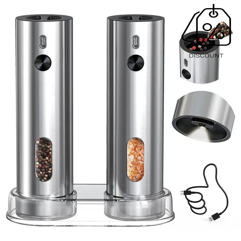 Automatic Stainless Steel Salt And Pepper Mills, Rechargeable With Base, 110Ml Grinder Set-Y48A