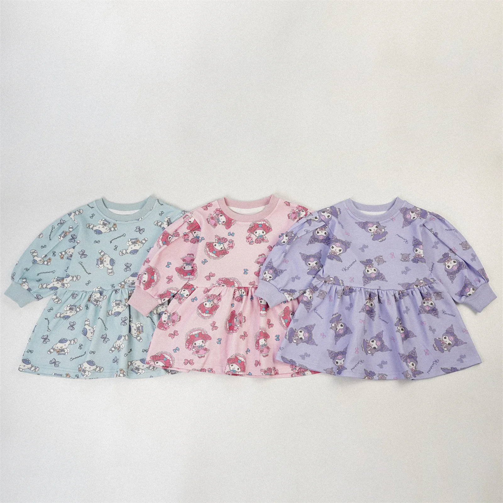 フルプリント漫画柄ドレス女の子のための秋の韓国ファッションかわいいラウンドネックバブルスリーブ綿-100-プリーツドレス