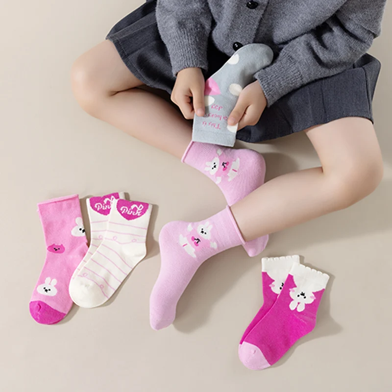 

Five pairs of girls' pink bunny socks for spring and autumn, soft, comfortable and skin-friendly, mid-calf socks, versatile