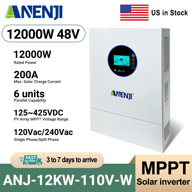 

Гибридный солнечный инвертор ANENJI 12 кВт 110 В, 120/240 В переменного тока, с функцией параллельного подключения, 6 инверторов, 2 встроенных MPPT-контроллера