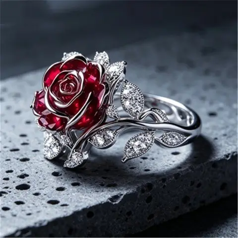 Small Exquisite Luxury Rose Flower Red White Zircon Stone New Trendy Ring Vintage Silver Color Wedding Jewelry For Charm Women