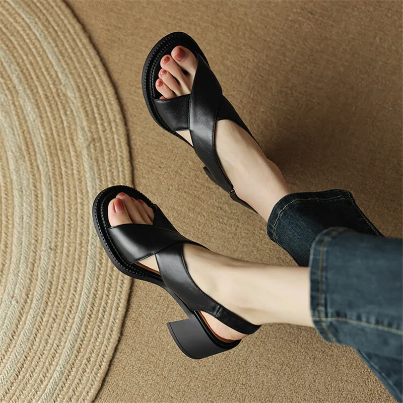 New Genuine Leather Summer Sandals 2023 Round Toe Chunky Heel Women Sandals Concise High Heels Handmade Shoes for Women