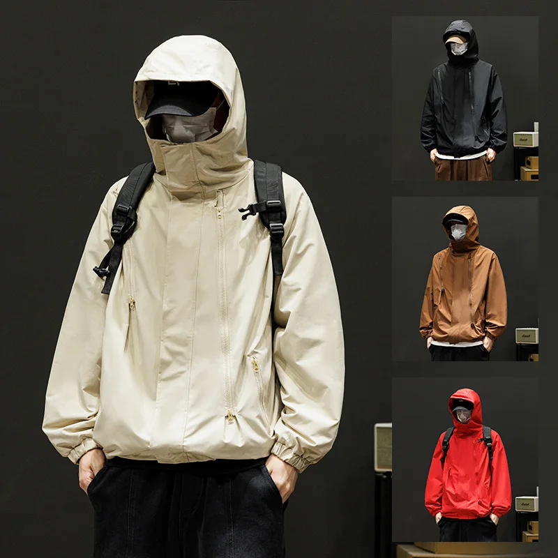 

Windbreakers Men Hooded Jacket Zipper Coat Cargo Waterproof Black Bomber Camping Loose Hooded Hiking Jacket Military Outwear 5XL