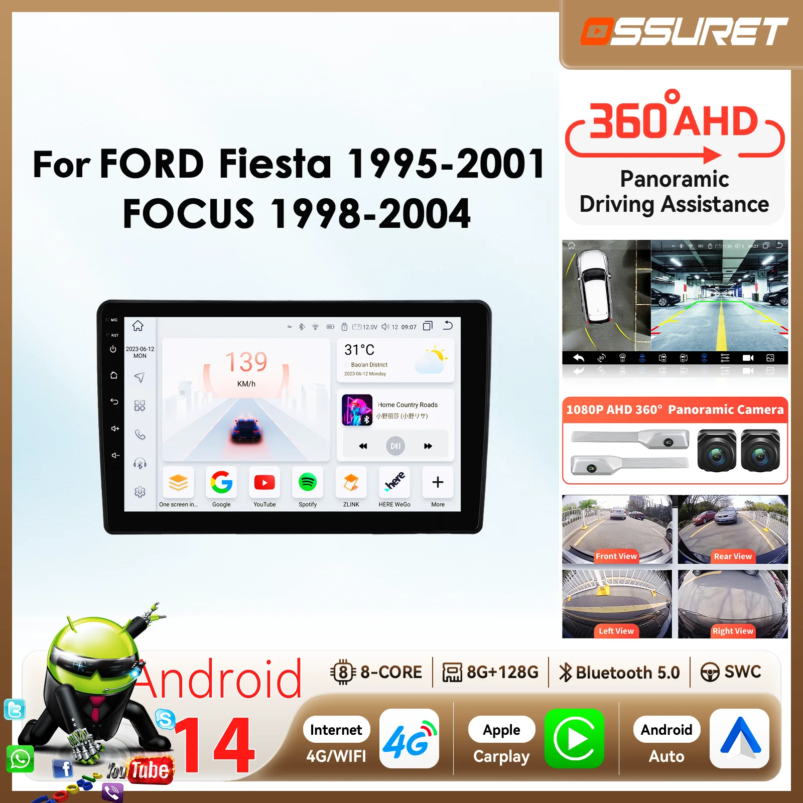 

9"AI Carplay Android Car radio for FOCUS 1998 - 2004 FORD fiesta 1995 - 2001 mutimedia 360 Cam Autoradio 7862 8Core Head Unit