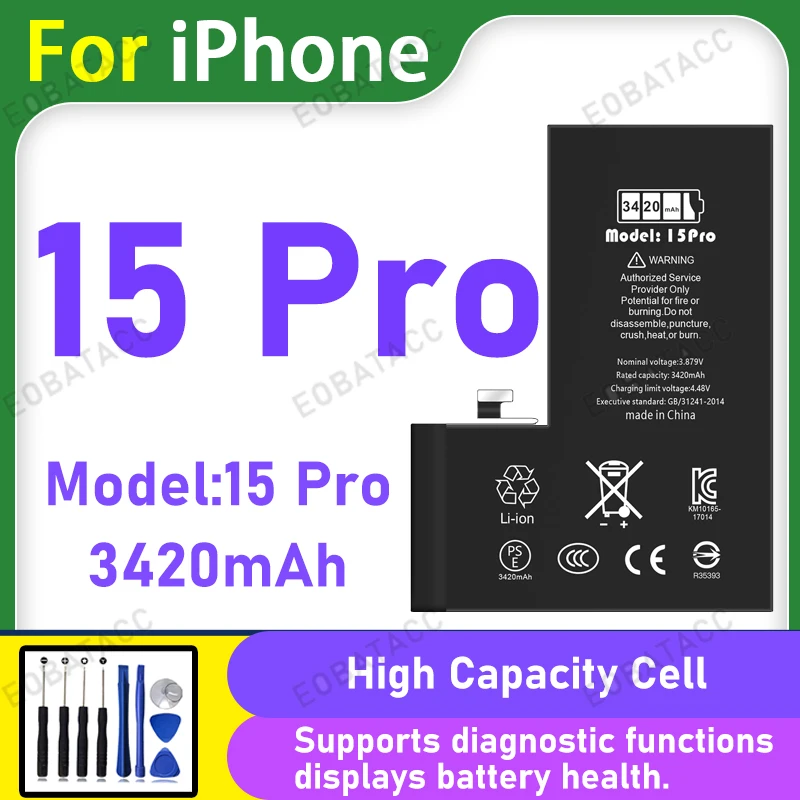 3420mAh Diagnostic Battery With Genuine Part Number Display No Pop-Up Message For iPhone 15 Pro High Quality Replacement