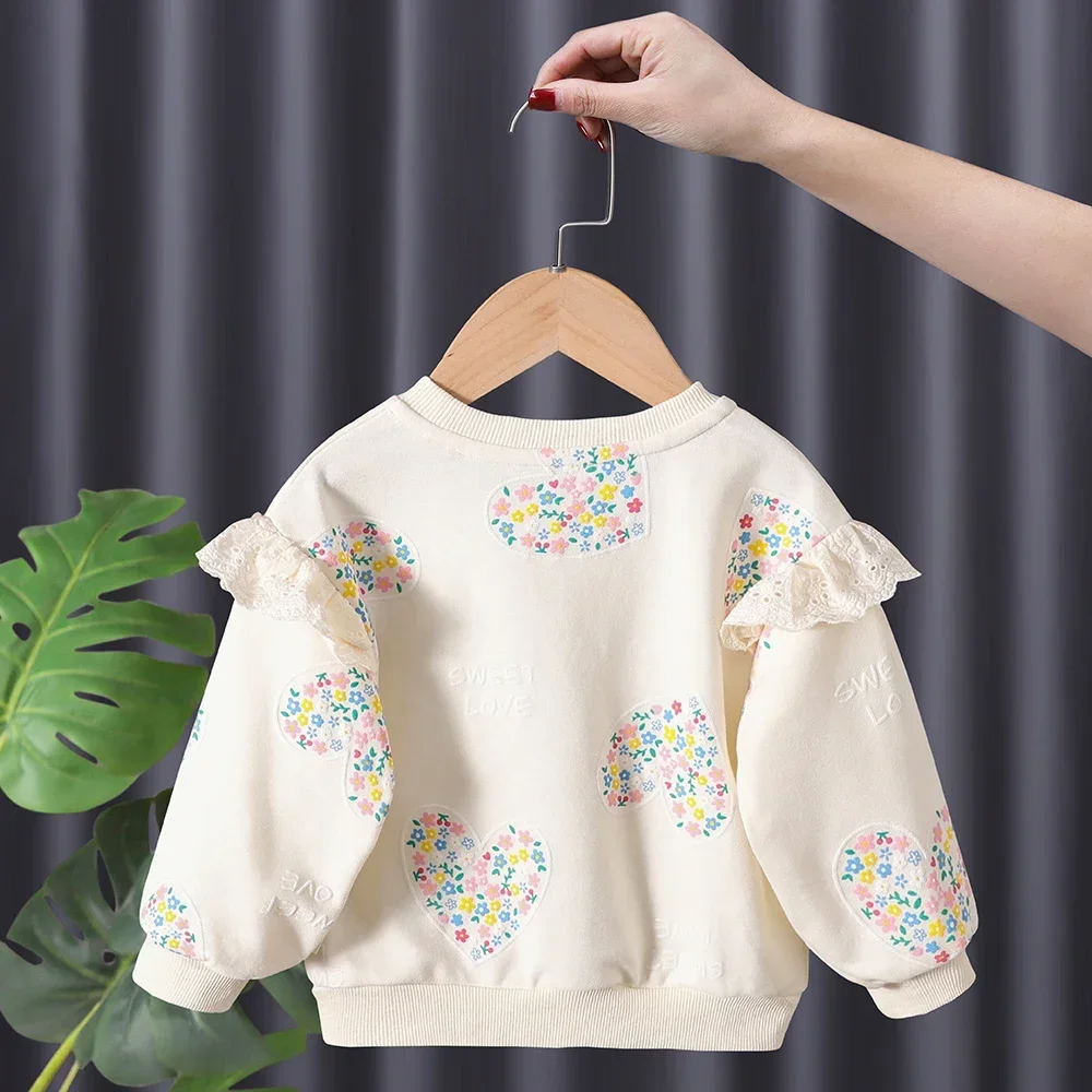 New  Little Girl Sweatshirt Heart Printed Shirt Cute Korean Style Tees Soft Cotton Lace Sleeve Decor Fall Children Clothing