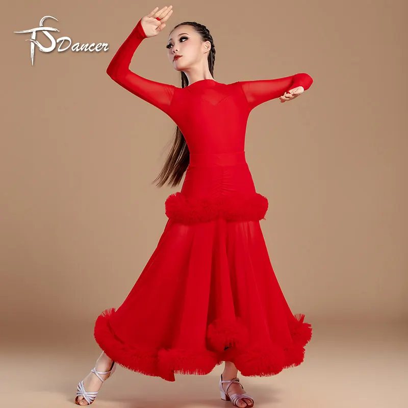 Nova saia de desempenho de menina latina vermelha competição de dança social mostrar saia de desempenho manga longa saia de dança moderna