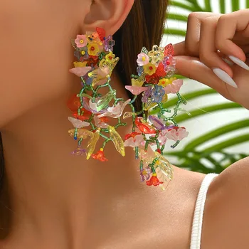 Bohemian Colorful Flower Tassel Earrings for Women Wholesale Summer Handmade Exaggerate Resin Dangle Earrings Wedding Jewelry
