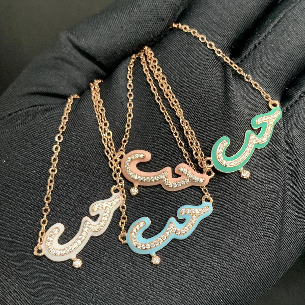 Rose Gold Plated Pastel Enamel 5A Cubic Zirconia CZ Arabic Love Letter Pendant Fashion Women Necklace Wholesale