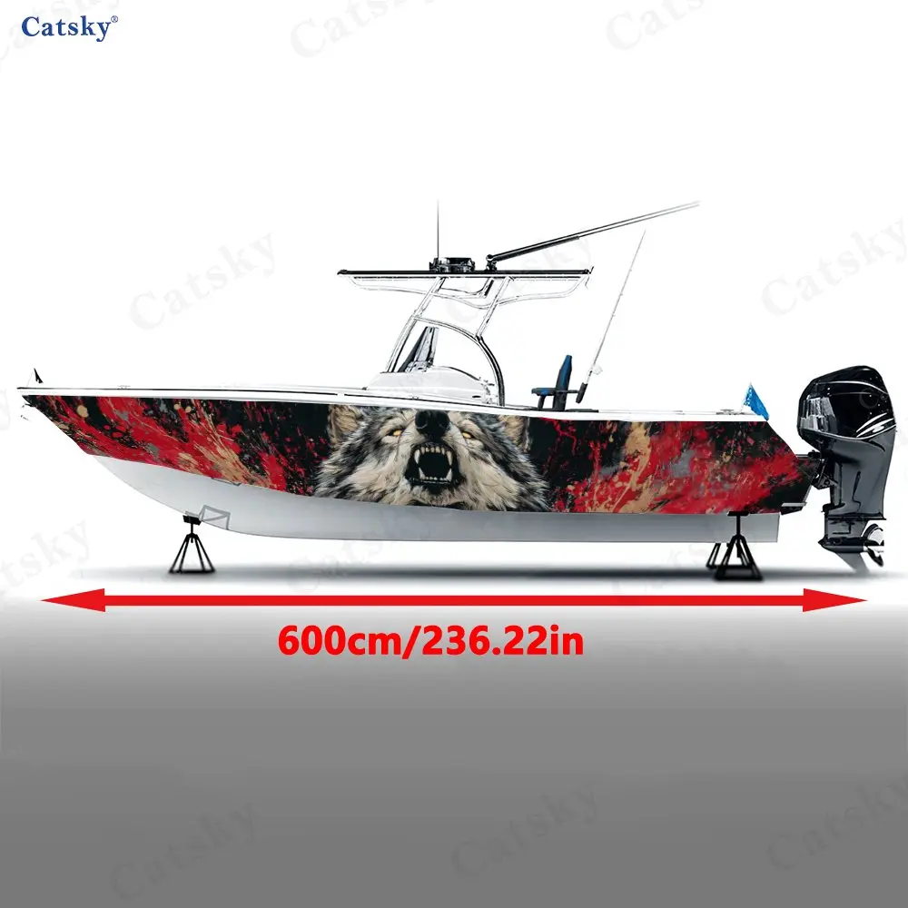 2Pcs Red Ink Wolf Howl Boat Stickers, PVC Waterproof Durable Vinyl Wrap Decals for Fishing Boats, Durable and Stylish Design