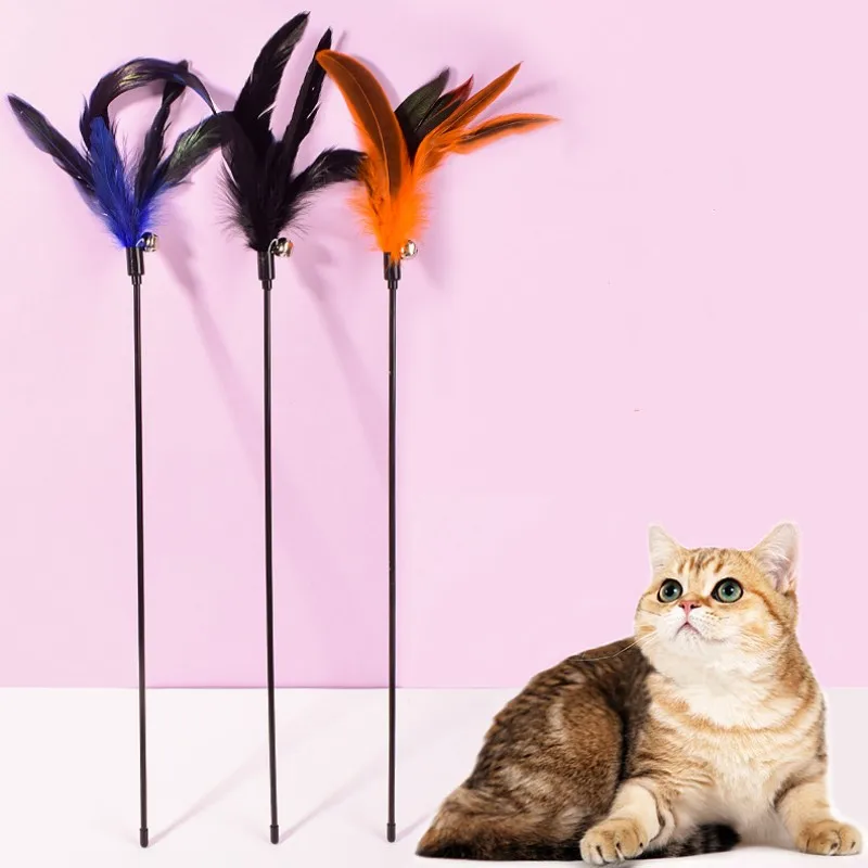 

Cat Toys Feather Cats Teasing Stick Long Handle Cat Toys Interactive Scratch Toy Feather Cats Toy Teaser with Bell Pet Supplies
