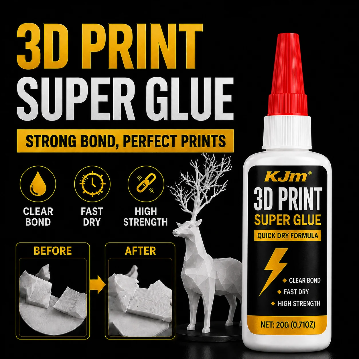 KJM 3D Printer Super Glue Fast Dry Adhesive Strong Bond Plastic Repair Glue For PLA ABS Resin Models DIY Craft Car Parts Fixing