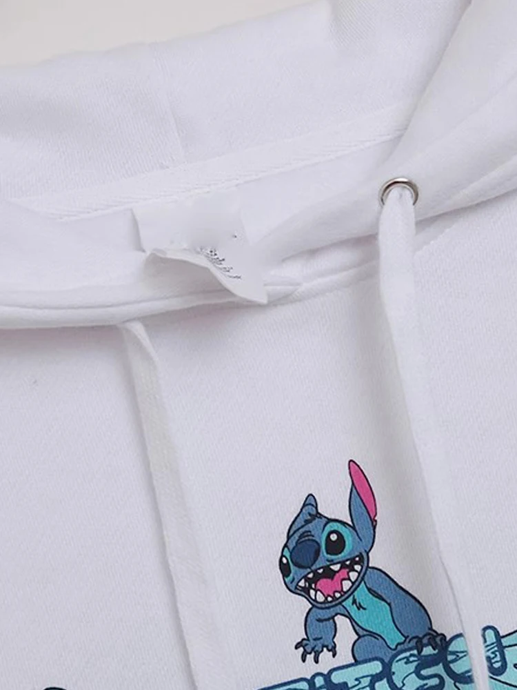 Disney Front Back Sweatshirt Stitch Little Monster Cartoon Print New Women Long Sleeve Hooded Pullover Fleece Jacket White Tops