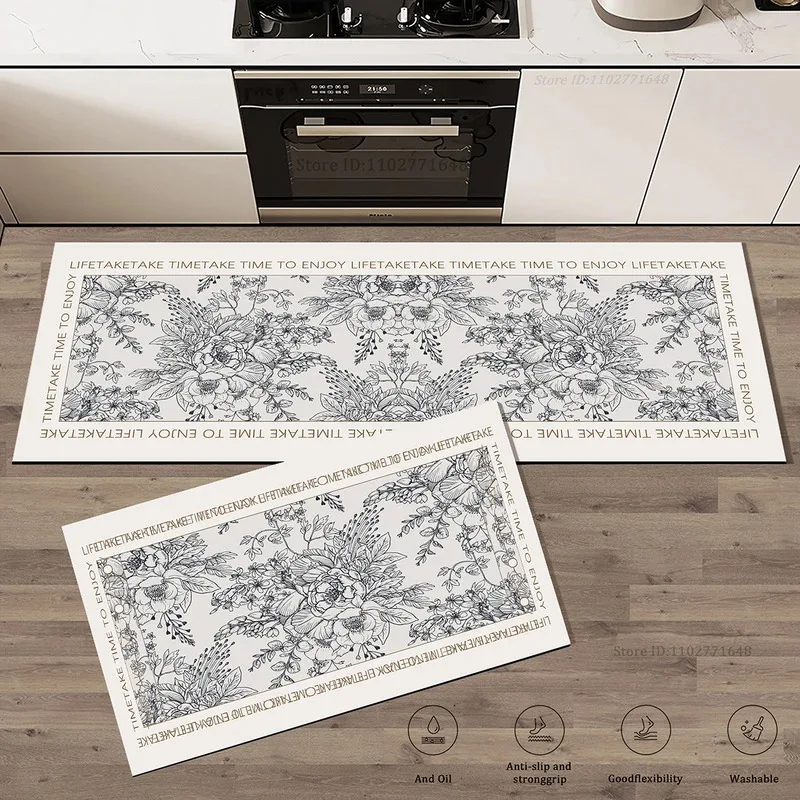VIKAMA Minimalist Line Drawing Flower Kitchen Non Slip Floor Mat Waterproof Oil Proof Kitchen Strip Carpet Home Decoration