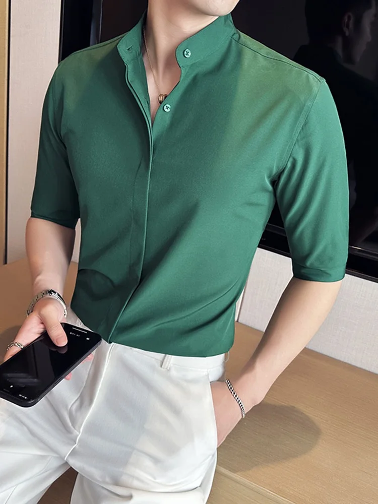 New Chinese Style Stand Collar Ice Silk Men's Shirt Short Sleeve Summer Fashion Urban Slim Fit Youth Five Button No Ironing N...