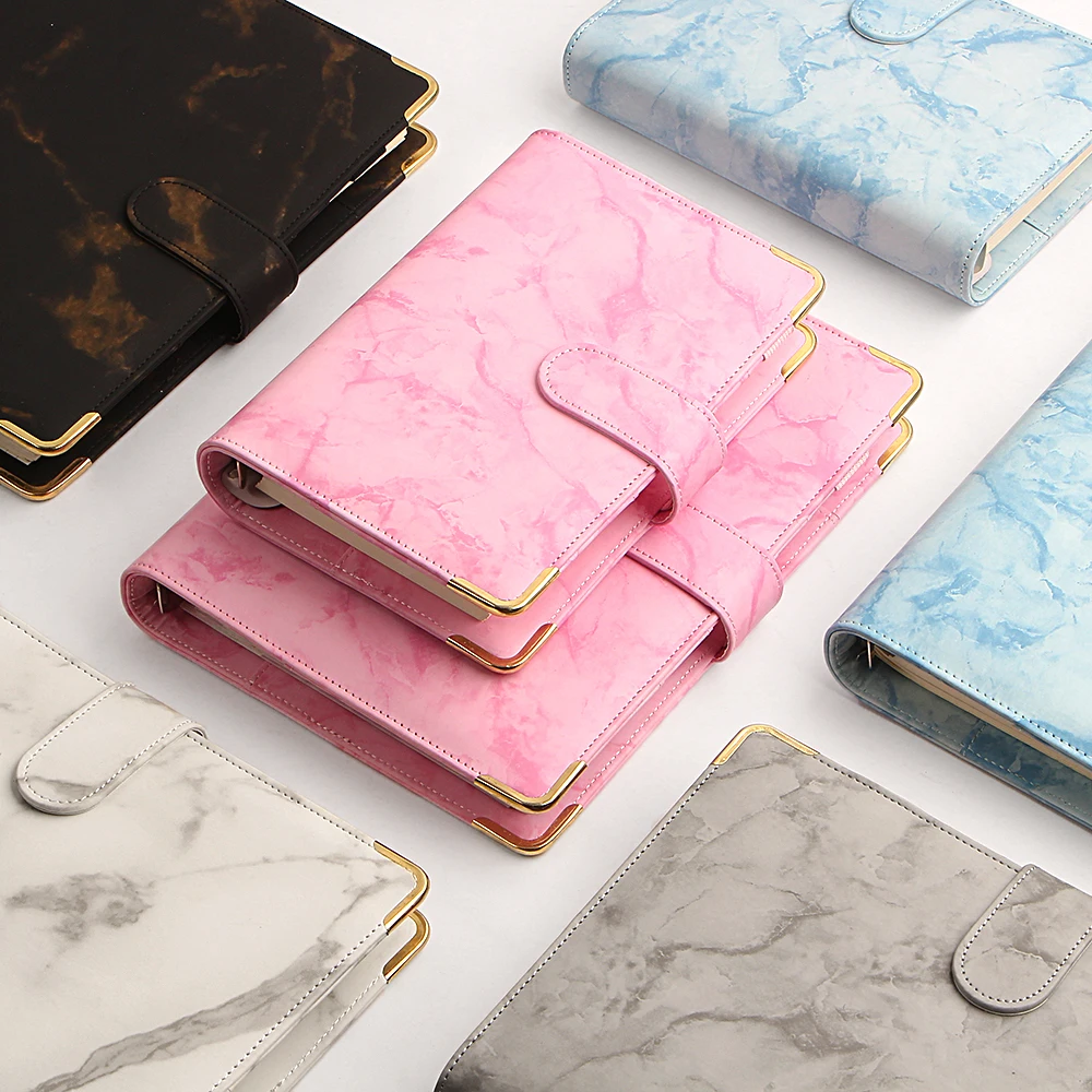 Macaron Marble Color A5 A6 6Ring Binder PU Clip-on Notebook Leather Loose Leaf Notebook Cover Notebooks Journal Stationery