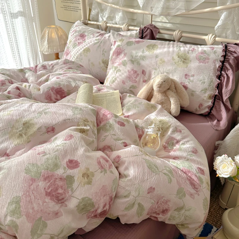 

3/4Pcs Korean Style Princess Floral Print Lace Soft Skin-friendly Washed Cotton Bedding Set Duvet Cover Bed Sheet Pillowcases