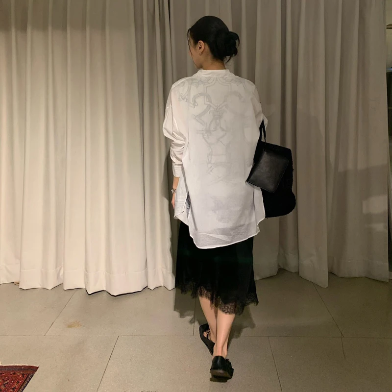 Retro  Riding Print Pattern Double Layer Design Loose Casual Long Sve irt Early Autumn Faion Ele Women's ...