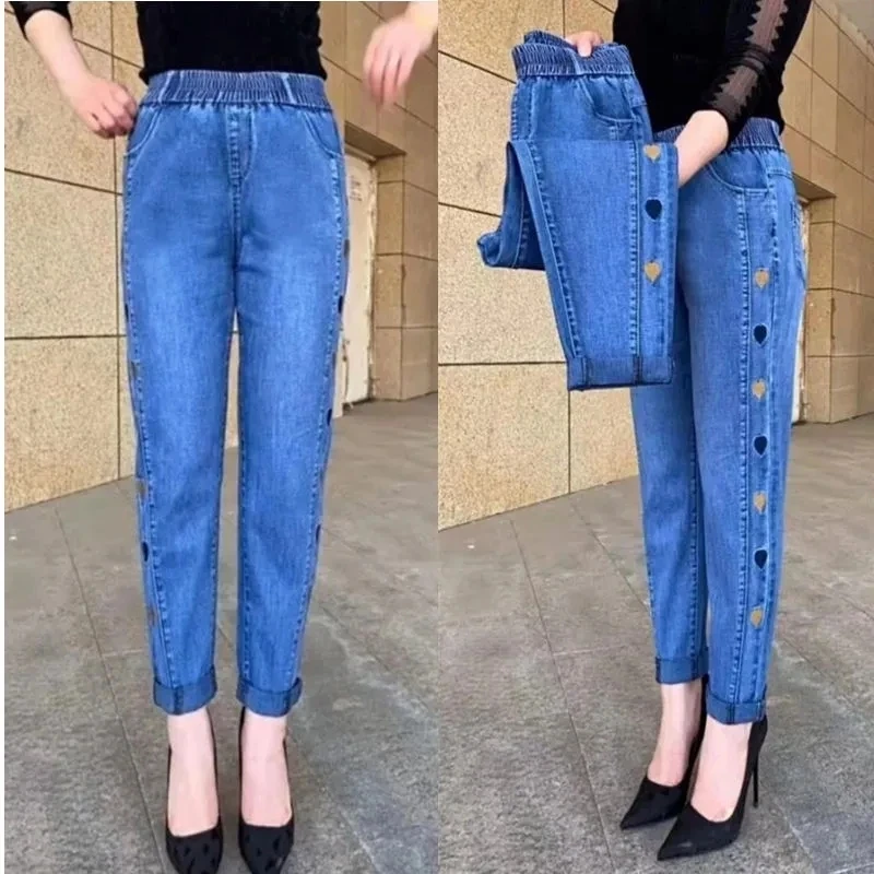 

2024 Spring AutumnNew Embroidery Denim Women Elastic High Waist Jeans Fashion Lady Pocket Mom Cowboy Skinny Stretch Pants Female