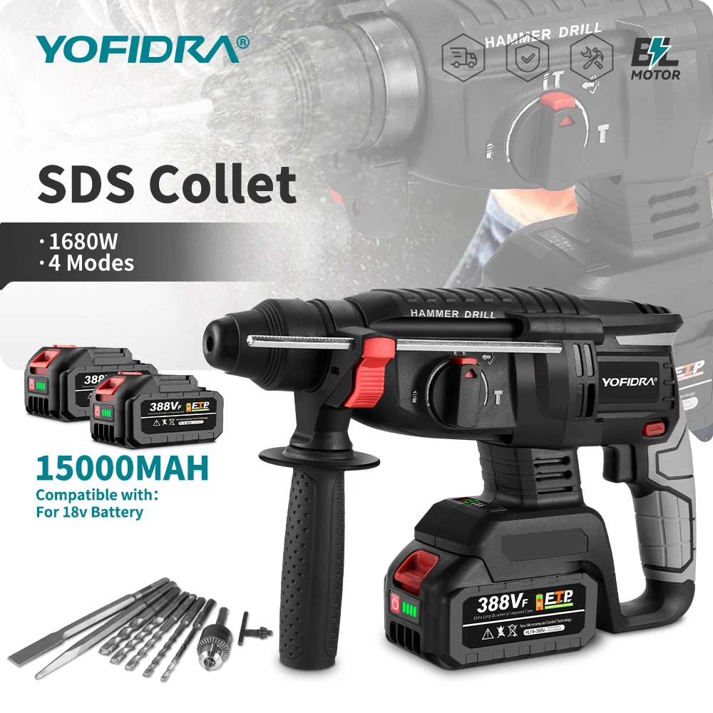 

Yofidra 26mm Brushless Electric Hammer Electric Pick Impact Drill Multi-function Cordless Rotary Tool For Makita 18V Battery