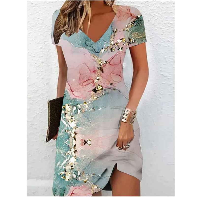 Women Short Sleeve V-Neck A-Line Dress Marble Pattern 3D Print Dress 2023 New Oversizd Casual Elegant Female Mini Dress Vestidos