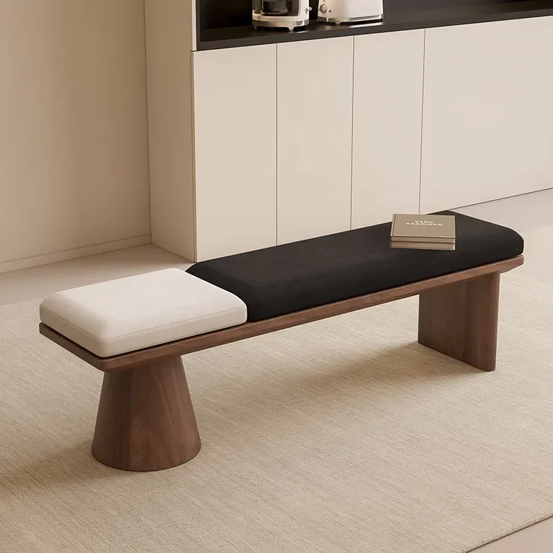 Retro Sculptural Wooden Base Accent Bench, Two-Tone Upholstered Entryway Bench, Minimalist Modern Ottoman for Home Decor