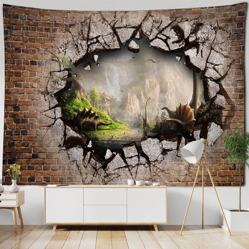 3D stone wall dinosaur landscape tapestry wall hanging cartoon home decoration background cloth dormitory living room bedroom