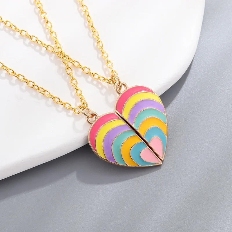 Cute Watermelon Rainbow Heart Necklace for Kids Girls Korean Style Broken Heart Clavicle Chain Best Friends Jewelry Gift 2024