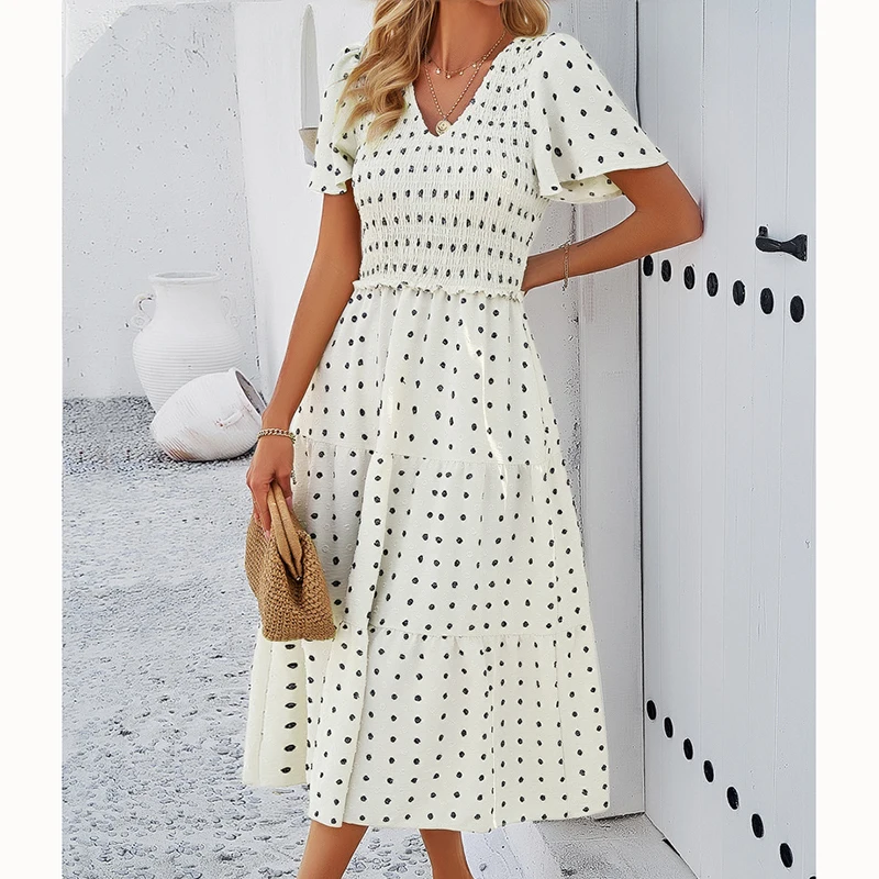 

Polka Dot Long Dress Casual Vacation Splicing V-neck Short-sleeved Women's Long Skirt High Quality Summer Comfortable High Waist