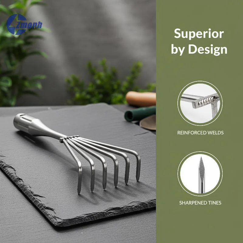New！Stainless Steel Small Rake With Integrated Steel Handle Multi-claw Soil Rake For Garden Soil Loosening Raking Tool