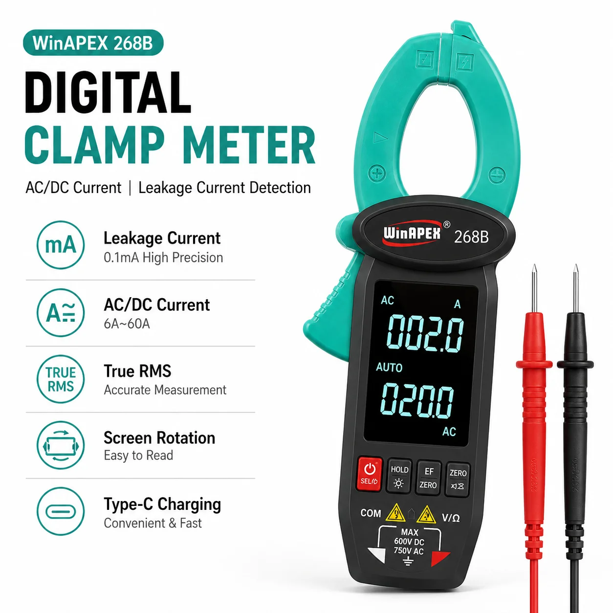 WinAPEX 268B Leakage Current Detect Clamp Meter 0.1mA Precision True RMS Multimeter AC DC 60A Type-C Screen Rotation Clamp Meter