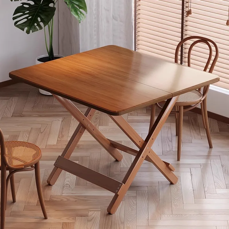 Bamboo Foldable Dining Table X-Frame Stable Eating Countertop Square Portable Space-Saving Desk for Rental Room or Stall