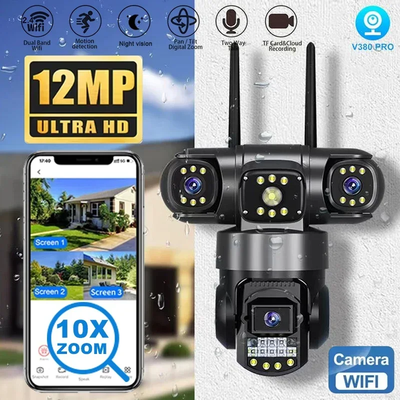 12MP PTZ WiFi Camera with Three Lens Three Screen Color Night Vision Outdoor Security IP Camera CCTV Surveillance Cam V380 App