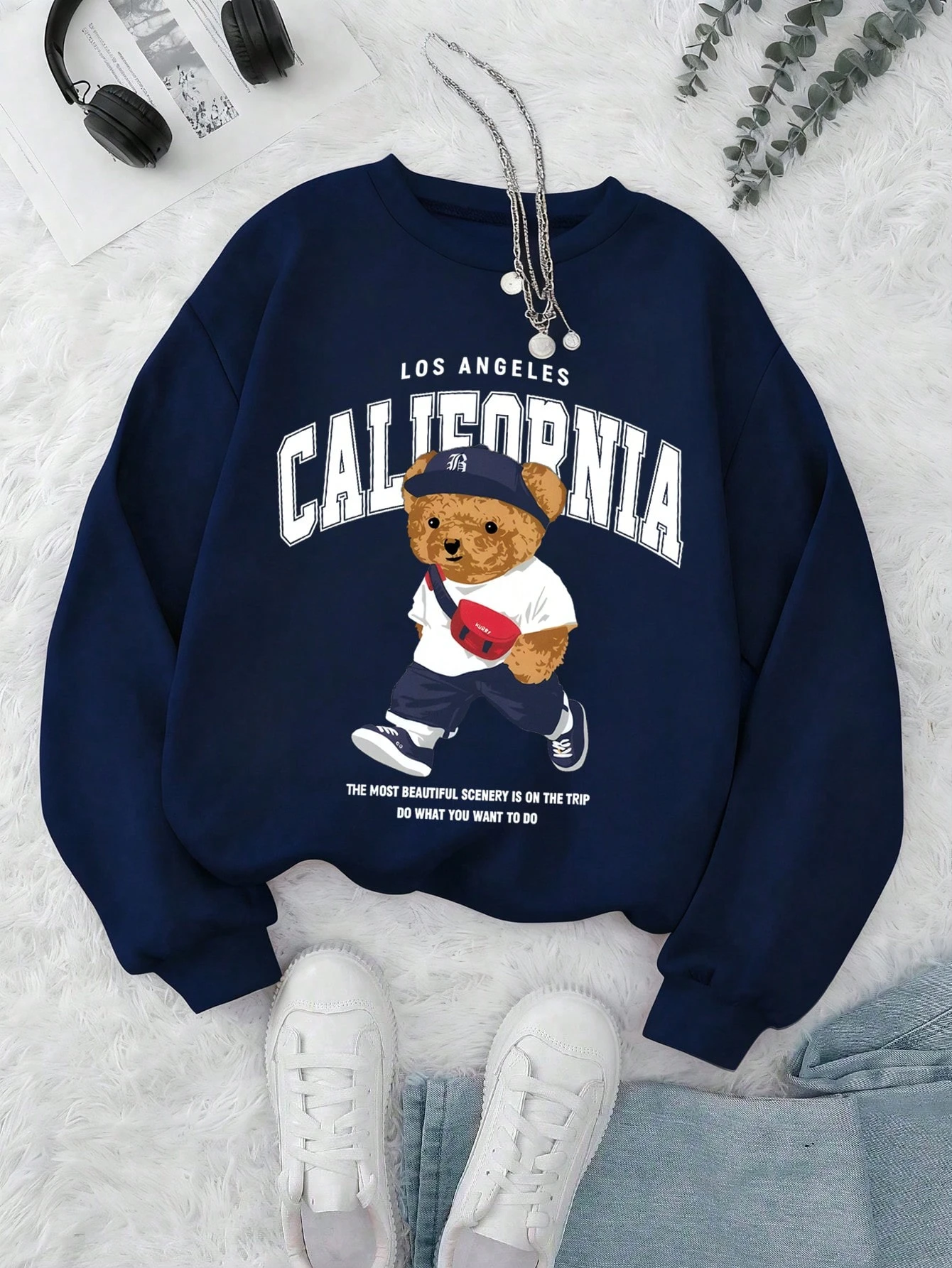 California Bear Pattern Loose Fit Crew Neck Long Sleeve Sweatshirt for Women Casual Spring