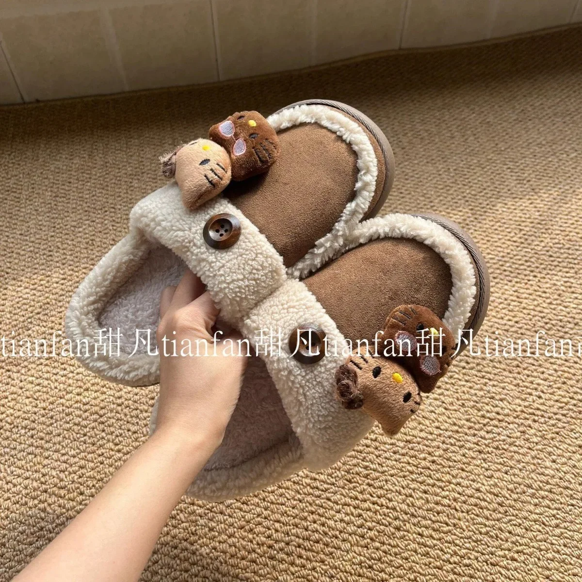 Hello Kitty Cotton Shoes Slippers Plushie Cartoon Leopard Brown Women Autumn Winter Thick Sole Warm Indoor Home Couples Shoes