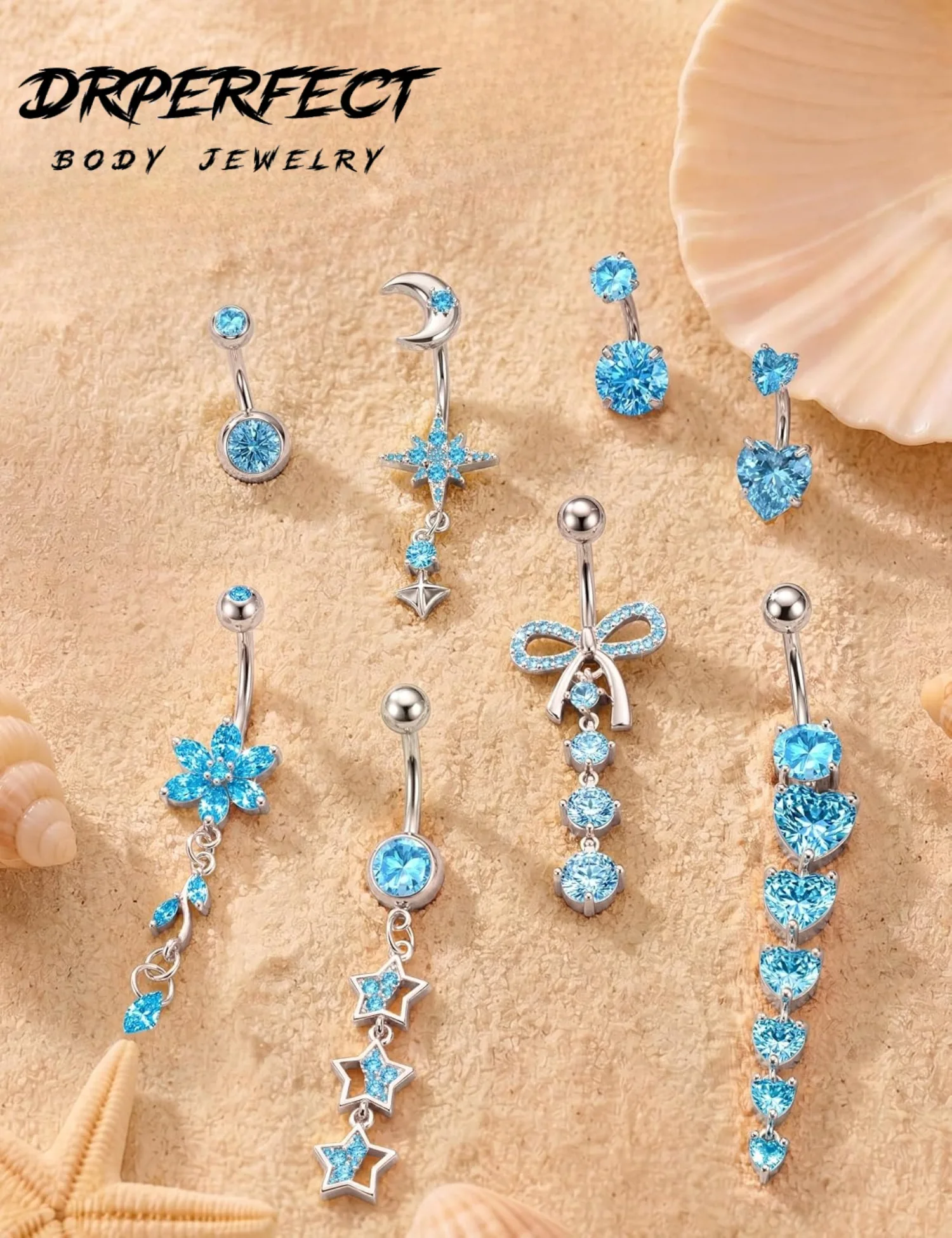 Drperfect 8Pcs Belly Button Bars Surgical Steel Short Dangly Belly Button Bar for Women Belly Bar Heart Naval Piercing Jewelry