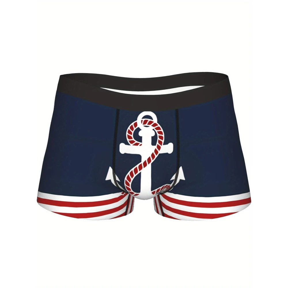 Unique Men'S Boxer Briefs Featuring a Nautical Design with Red And White Stripes And a Red Anchor on a Blue Background
