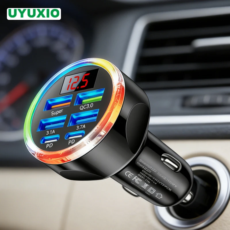 UYUXIO USB C Autoladegerät 6-in-1 mit Voltmeter Multi Port Superschnellladeadapter mit Spannungsanzeige für Samsung iPhone