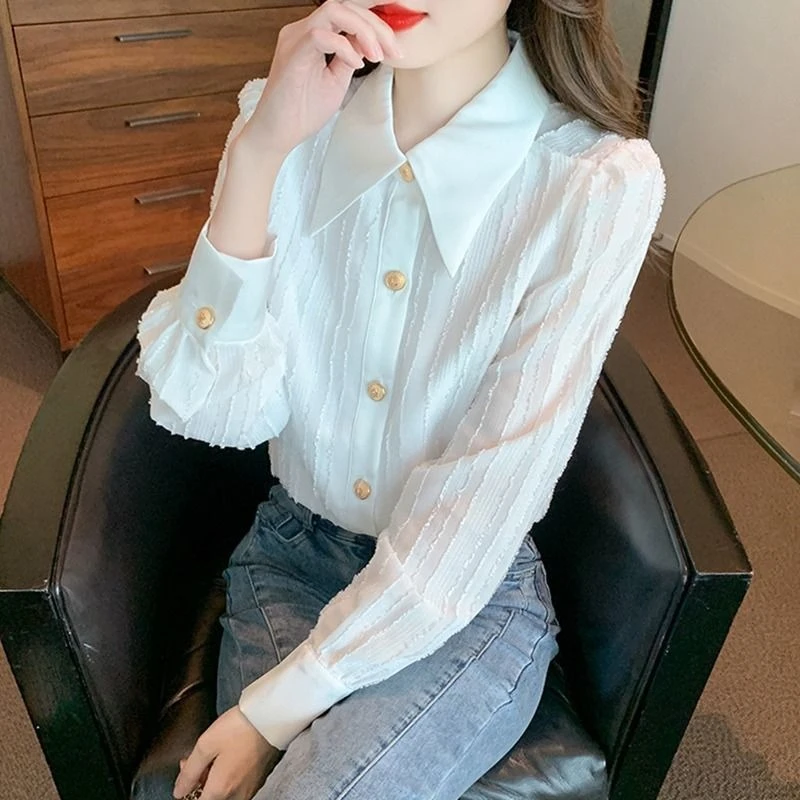 Camicetta bianca elegante a maniche lunghe da donna Colletto stile francese 2026 Camicia casual chic dal design alla moda per l'uso quotidiano in ufficio ​