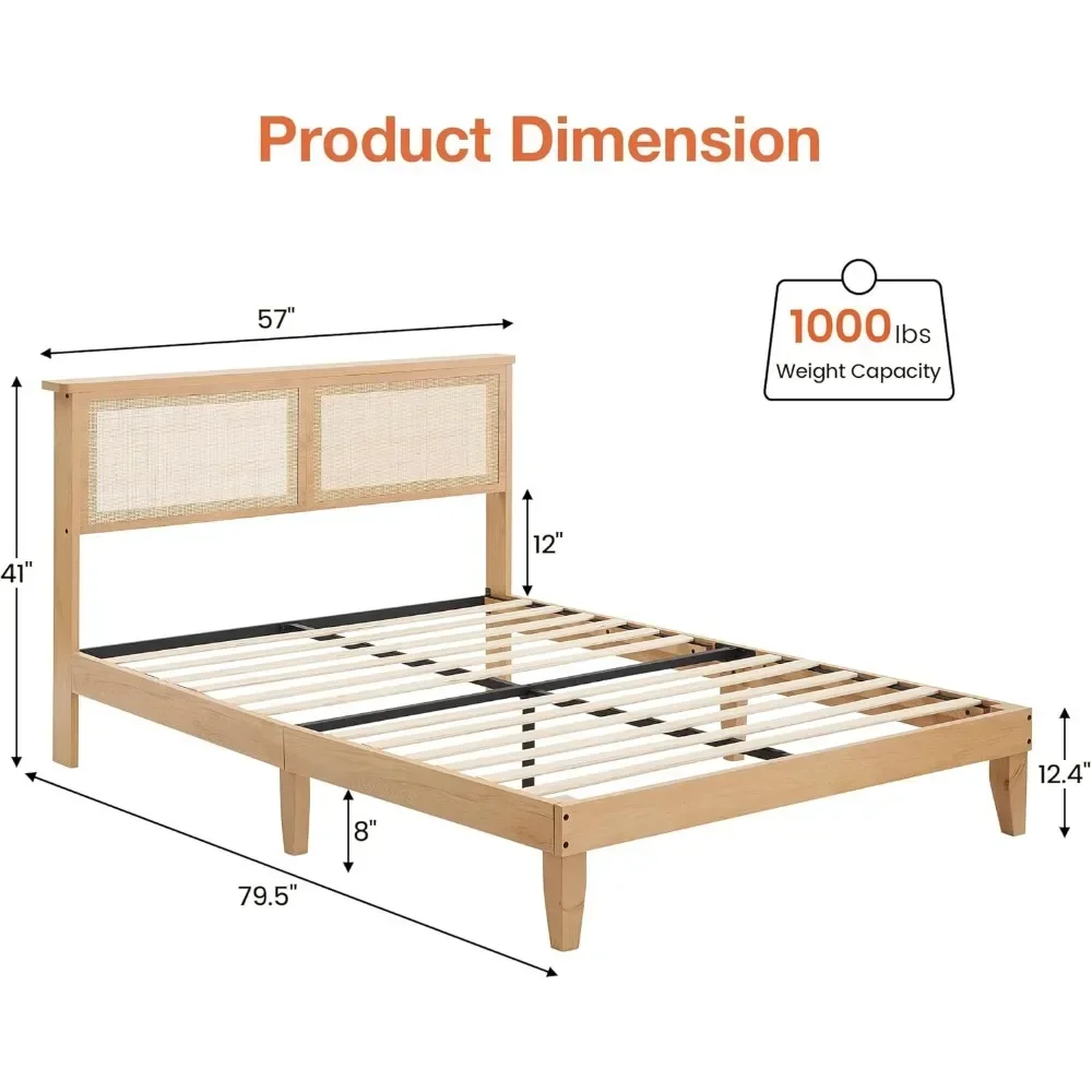 Queen Size Bed Frame with Natural Rattan Headboard, LED Lights, Solid Wood Foundation, Silent Slats, Rattan Bed Frame