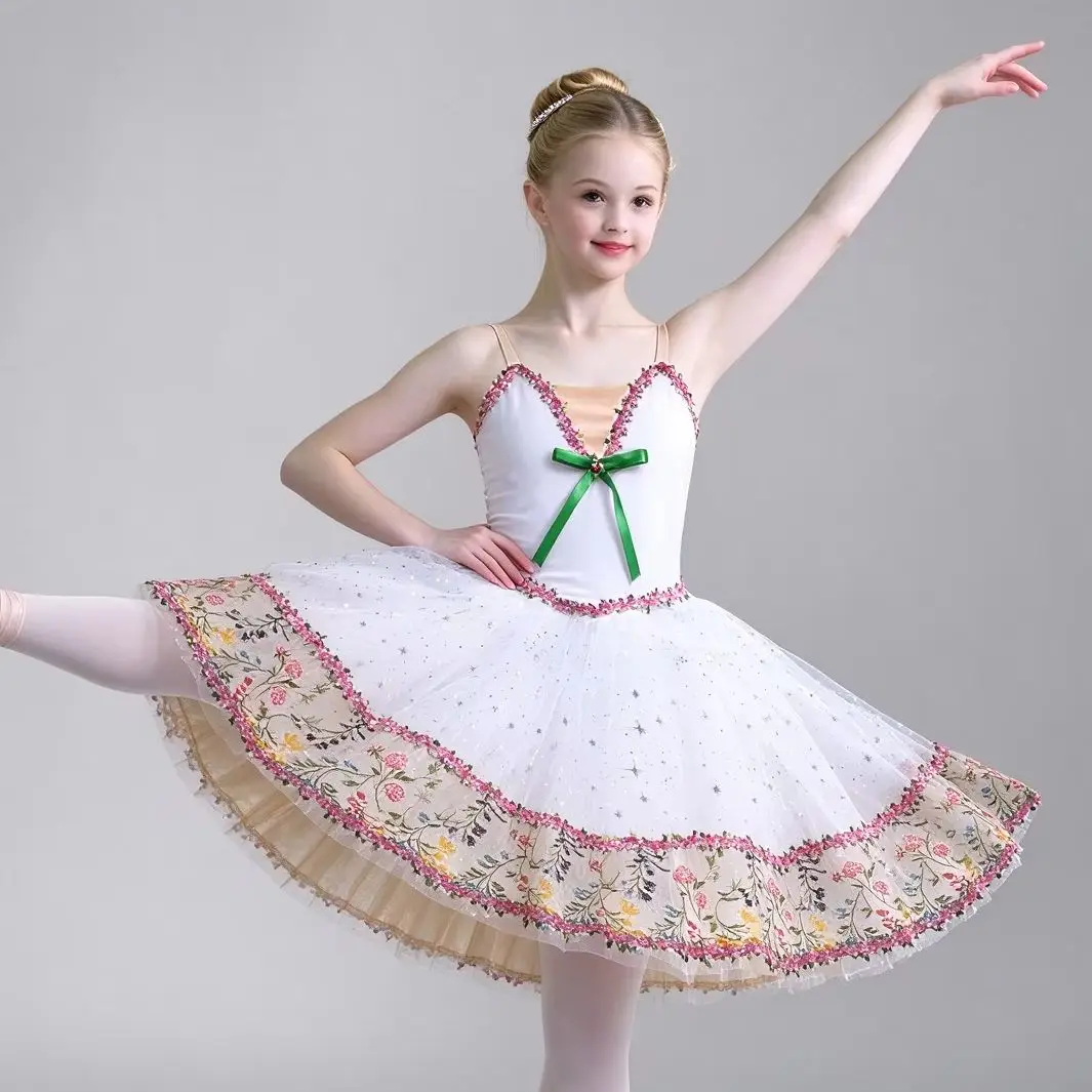 girls-white-floral-spaghetti-strap-ballet-tutu-dress-green-bow-lace-trim-kids-ballerina-stage-performance-competition-dancewear
