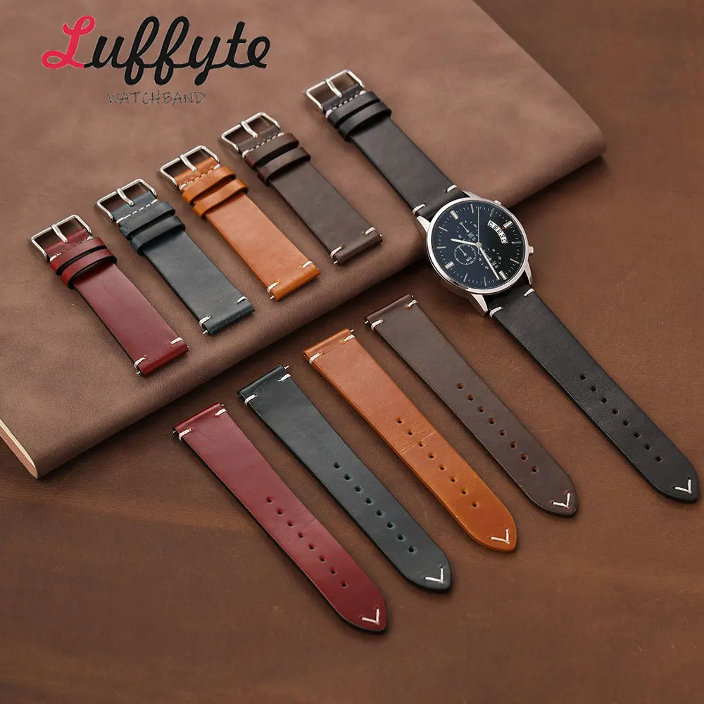 High-end Men Oil Wax Leather Watchband 18 19 20 21 22mm with Quick Release Spring Bar Retro Comfortable Replacement Strap