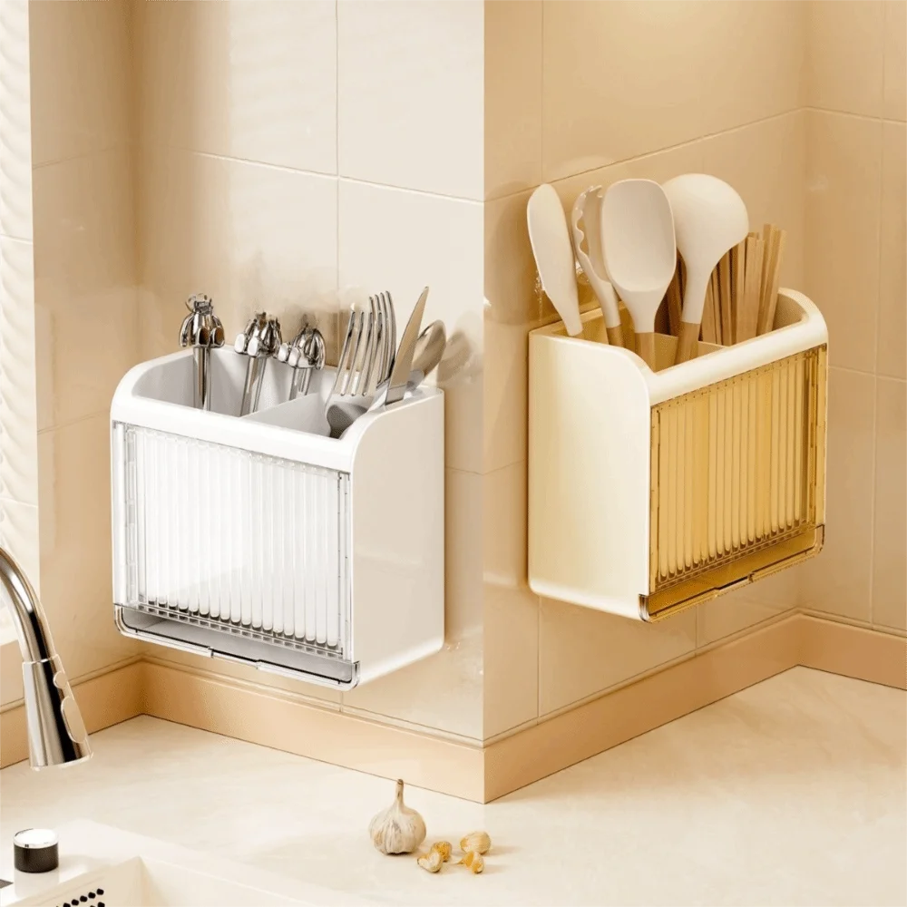 قفص عيدان تناول الطعام قابل للإزالة يُثبت على الحائط، حامل أدوات المطبخ موفر للمساحة مع صينية تصريف، حامل جيد